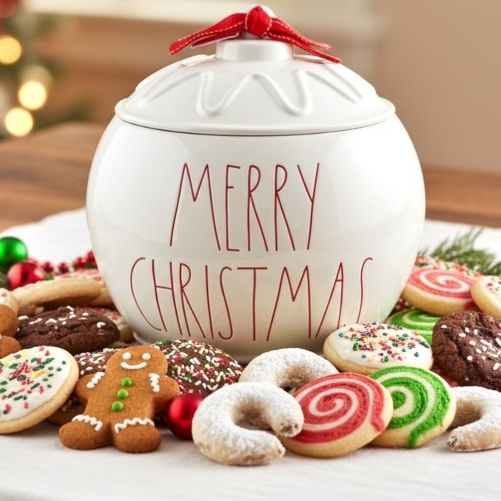 Rae Dunn Large Ceramic Christmas Ornament Cookie Jar Canister w/ Lid 10”x 8”